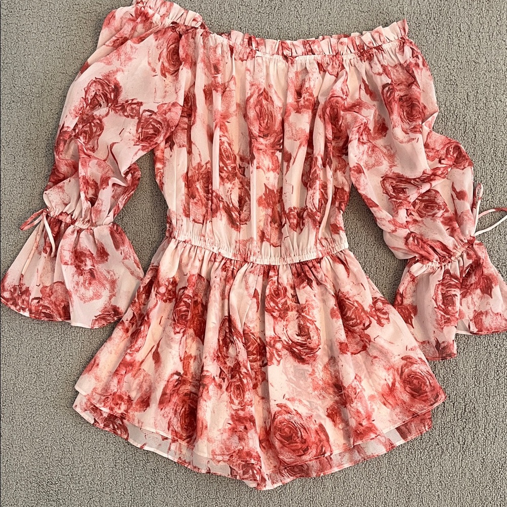 🩷 Boutique Rose Off the Shoulder Romper Flirty Floral Girly Cute - Picture 4 of 4